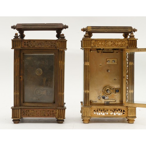 697 - Two early twentieth century brass carriage clocks, having enamelled dials with Roman numerals, housi... 