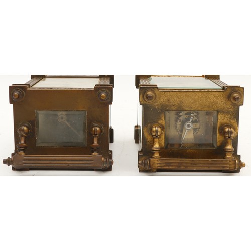 697 - Two early twentieth century brass carriage clocks, having enamelled dials with Roman numerals, housi... 