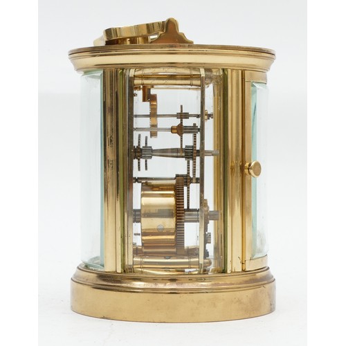 698 - A mid to late twentieth century Mistas brass carriage clock, in the form of a cylinder, having an en... 