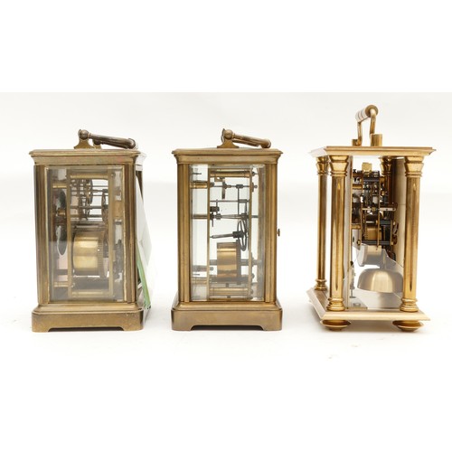 701 - Three mid to late twentieth century brass carriage clocks, housing 8 day movements, to include, Rapp... 