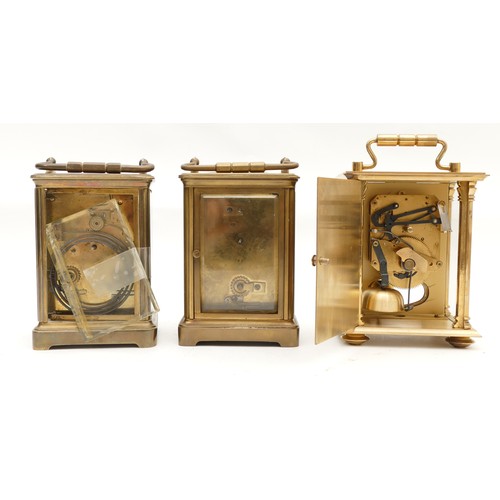 701 - Three mid to late twentieth century brass carriage clocks, housing 8 day movements, to include, Rapp... 