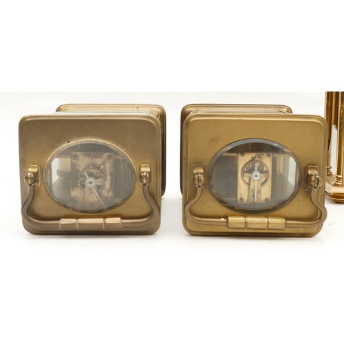 701 - Three mid to late twentieth century brass carriage clocks, housing 8 day movements, to include, Rapp... 