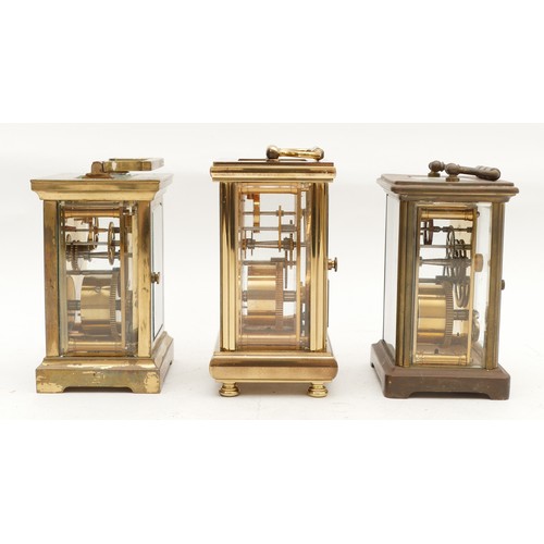 705 - Three mid to late twentieth century brass carriage clocks, having enamelled dials and housing 8 day ... 