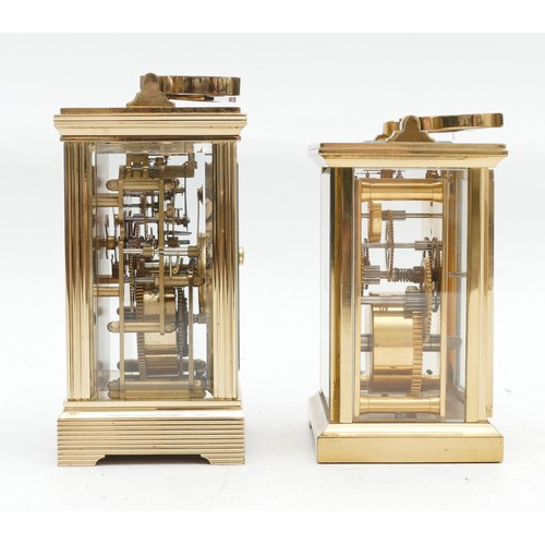 707 - Two mid to late twentieth century brass carriage clocks, having enamelled dials and housing 8 day mo... 