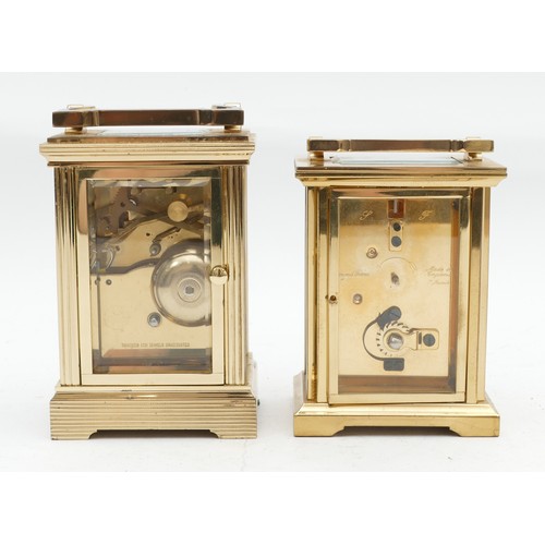 707 - Two mid to late twentieth century brass carriage clocks, having enamelled dials and housing 8 day mo... 