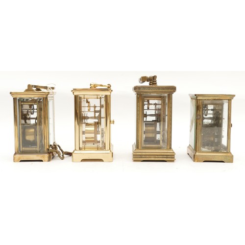 708 - Four mid to late twentieth century brass carriage clocks, having enamelled dials and housing 8 day m... 