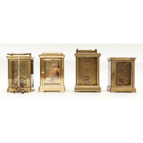 708 - Four mid to late twentieth century brass carriage clocks, having enamelled dials and housing 8 day m... 