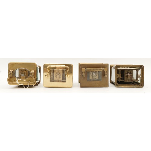 708 - Four mid to late twentieth century brass carriage clocks, having enamelled dials and housing 8 day m... 