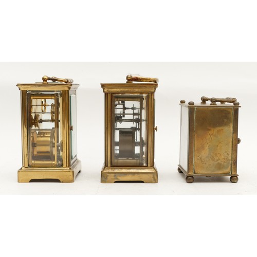 710 - Three mid to late twentieth century unbranded brass carriage clocks, having enamelled dials with Rom... 