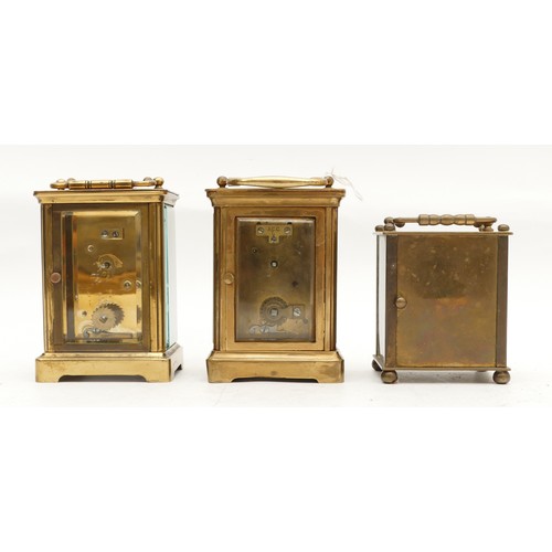 710 - Three mid to late twentieth century unbranded brass carriage clocks, having enamelled dials with Rom... 