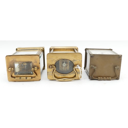 710 - Three mid to late twentieth century unbranded brass carriage clocks, having enamelled dials with Rom... 