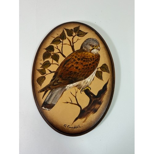 718 - George Cundill (1945-2013); Two Pokerwork oval plaques, one depicting two owls and the other a squat... 