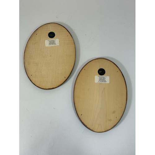 718 - George Cundill (1945-2013); Two Pokerwork oval plaques, one depicting two owls and the other a squat... 