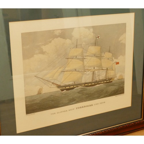 719 - A collection of pictures, to include an engraving by E.Duncan depicting 'The Clipper Ship Yorkshire'... 