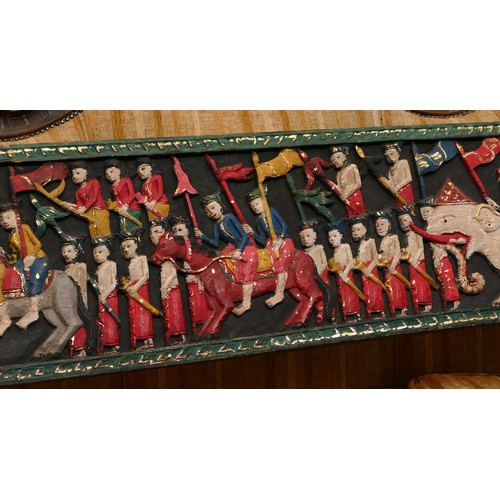 721 - A large bespoke painted hand carved wood wall hanging sculpture plaque, depicting Tibetan warriors i... 