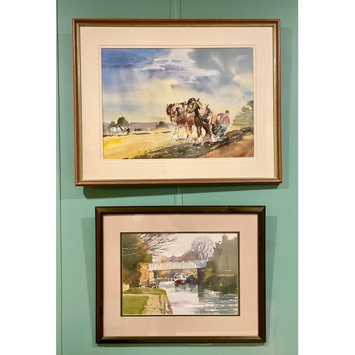 724 - Lilian Shaw, narrowboats, watercolour, signed, 34 x 27cm, three others by the same hand and another ... 