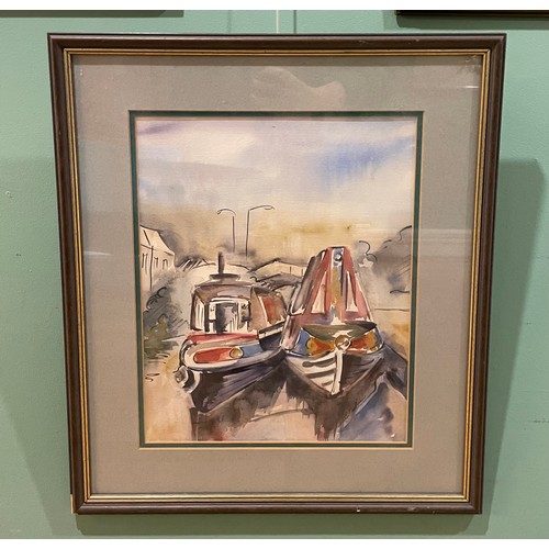 724 - Lilian Shaw, narrowboats, watercolour, signed, 34 x 27cm, three others by the same hand and another ... 