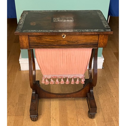 743 - A Victorian mahogany sewing table, the rectangular top with inset mother of pearl decoration, above ... 