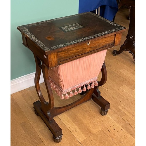 743 - A Victorian mahogany sewing table, the rectangular top with inset mother of pearl decoration, above ... 