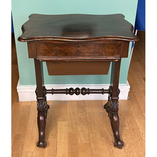 744 - A Victorian mahogany and walnut veneered sewing table, the scalloped shaped top above single frieze ... 