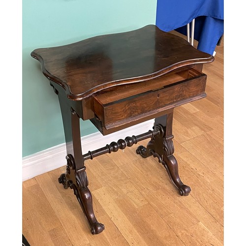 744 - A Victorian mahogany and walnut veneered sewing table, the scalloped shaped top above single frieze ... 