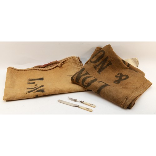 23 - Two large hessian sacks, marked L.N.E.R/London and North Eastern Railway and a Great Eastern Railway... 