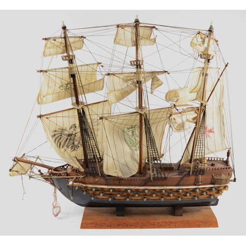 77 - A 20th century three mast Galleon ship model with attatched plaque, the Navio Espanol Ano 1690, appr... 