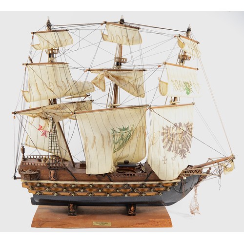 77 - A 20th century three mast Galleon ship model with attatched plaque, the Navio Espanol Ano 1690, appr... 