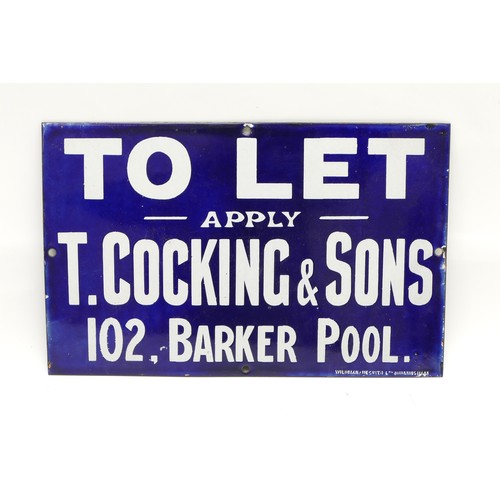 154 - A vintage enamel single sided wall mounted sign for T. Cocking & Sons, 102 Barker Pool, 23 x 35.5.

... 