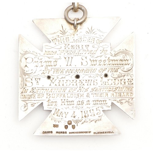 359 - A Royal Antediluvian Order Of Buffaloes sterling silver St. Andrews Lodge, presented to Primo W. Swe... 