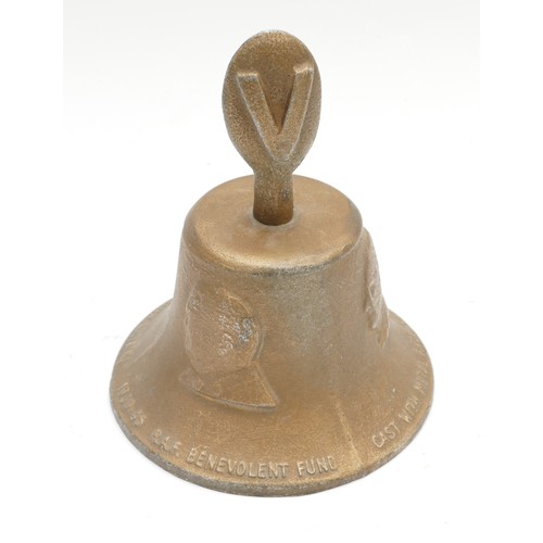 405 - WWII R.A.F victory bell, made of downed aircraft material, featuring Winston, Roosevelt and Stalin.