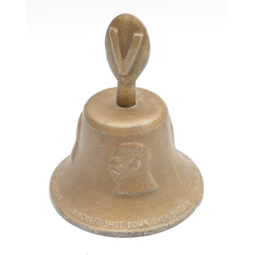 405 - WWII R.A.F victory bell, made of downed aircraft material, featuring Winston, Roosevelt and Stalin.