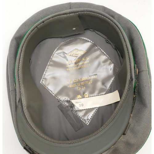 437 - WWII German Third Reich visor cap, manufactured by Alkero A. Kempf, missing insignia of the eagle an... 