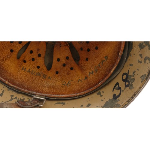 454 - WWII German M42 helmet, insignia decal of the Third Reich flag on the side, interior stamped NSH6, H... 