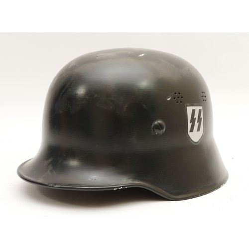 456 - WWII later reproduction German M42 helmet, double decal of the SS as well as the Third Reich banner,... 