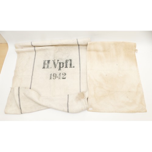 483 - WWII German Third Reich 1942 grain sack, together with a 1943 Deutsche Kriegsmarine sack, H.M.P sack... 