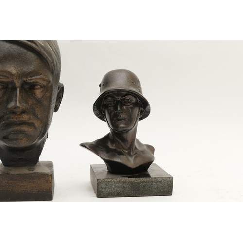 504 - Three German busts, two of Adolf Hitler, cast metal and the two other resin examples, tallest 20cm.