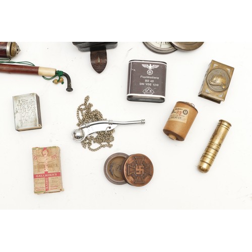 509 - A collection of mixed collectables to include a Bowman whistle, Third Reich snuff box and more.