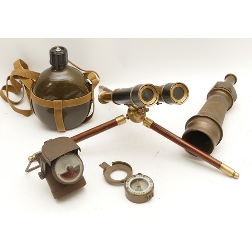 523 - British Army WWII Home Front electric bicycle lamp No.1, a Stanley, London partial compass, a brass ... 