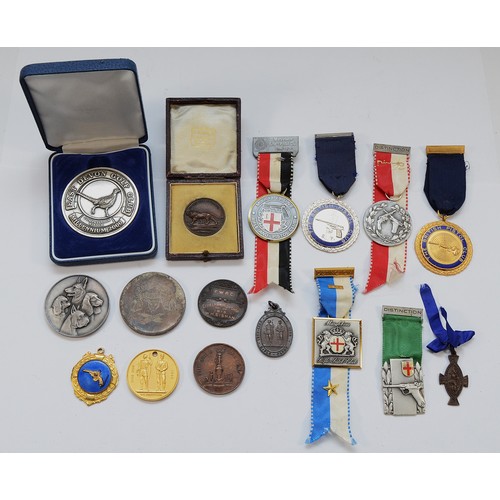 532 - A collection of sixteen civil awards, medals and medallions to include Marylebone Rifle and Pistol C... 