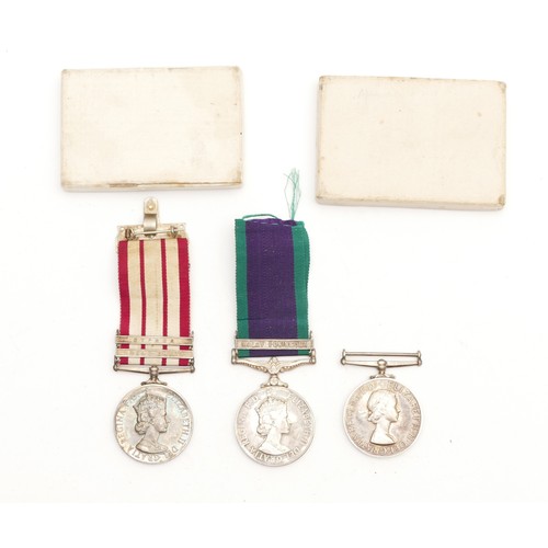 560 - ERII Naval trio, including the N.G.S medal, clasped Near East and Cyprus, together with the Malay Pe... 