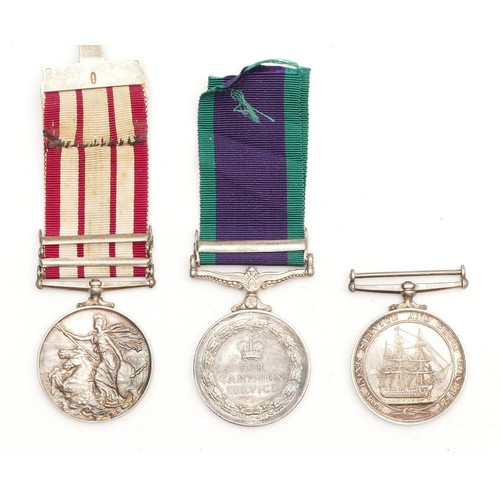 560 - ERII Naval trio, including the N.G.S medal, clasped Near East and Cyprus, together with the Malay Pe... 