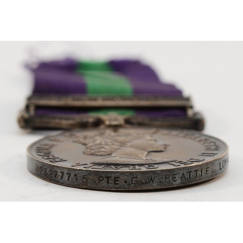 565 - ERII Malaya medal, awarded to 23277715 PTE. G. W. Beattie. Loyals regiment.