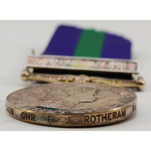 568 - ERII Canal Zone medal, presented to 22873439 GNR. F. J. Rotherham. R.A, boxed with award letter.