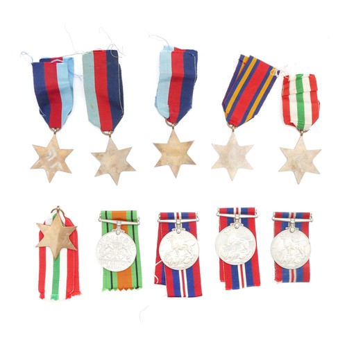 594 - WWII ten medals medals, including three 1939-1945 Stars, the Burma Star, two Italy Stars, three War ... 