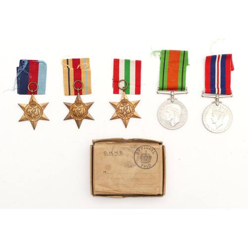 598 - WWII medals to include the 1939-1945 Star, Africa, Italy, Defence and War, boxed.