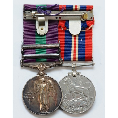 608 - WWII mounted pair of the G.S.M Malaya with the Palestine 1945-1948 clasp and War medal, presented to... 