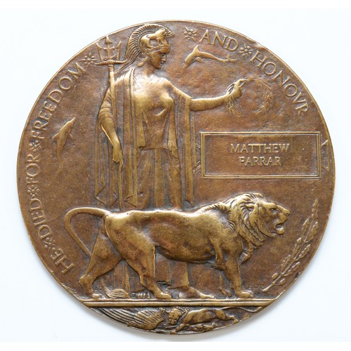 623 - WWI Death plaque, awarded to Matthew Farrar,