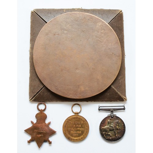 628 - WWI Death plaque in a designed card holder, together with a trio of the 1914-1915 Star, War and vict... 