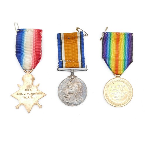 635 - WWI trio of War, Victory and the 1914-1915 Star, awarded to 1803 GNR. J. V. Annison. R.F.A.-R.A.